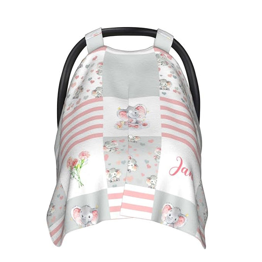 Personalized Floral Elephants Baby Car Seat Canopy for Babies with Name, Custom Car Seat Covers for Girls, Opening Minky Nursing Breastfeeding Cover Infant Carseat Canopies for Newborn