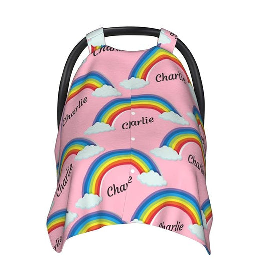 Personalized Colorful Rainbow Pink Baby Infant Car Seats Canopy for Babies with Name, Custom Car Seat Covers for Baby Girls, Peekaboo Minky Nursing Breastfeeding Stroller Canopies for Newborn