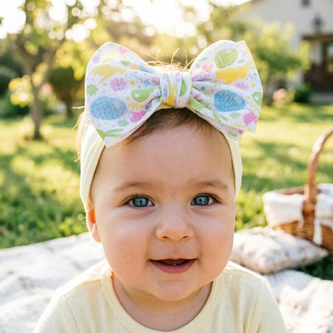 Easter Bunny Headband for Baby Girl, Turban Nylon Elastic Hair Band with Flower Bow, Newborn Infant Toddler Easter Hair Accessories (Y17, FZ)