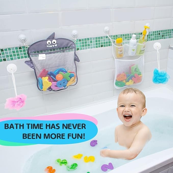 2 x Mesh Bath Toy Organizer + 6 Ultra Strong Hooks – The Perfect Bathtub Toy Holder & Bathroom or Shower Caddy – These Multi-use Net Bags Make Baby Bath Toy Storage Easy – For Kids & Toddlers