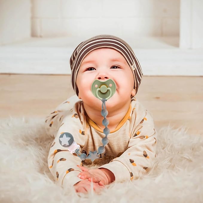 Silicone Baby Pacifier Clips for Boys and Girls, Pack of 2 Flexible Rust-Free Pacifier Holder Clip with One-Piece Design, Paci Binky Clips (Sage+Mustard)