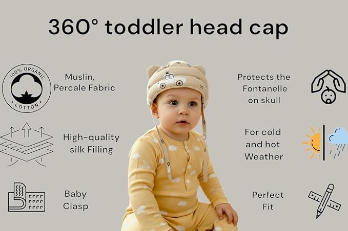 Soft Organic Helmet for Toddlers Learning to Walk, Ages 6–14 Months (Cars on a Beige Background)