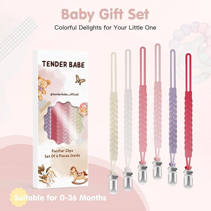 TenderBabe Silicone Pacifier Clip for Baby Girls and Boys, Pack of 6 Soft Flexible Paci Binky Clips with One-Piece Braided-Style Design,BPA-Free Baby Essentials