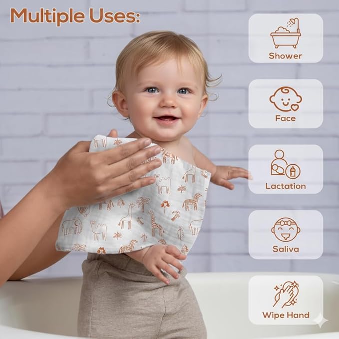 Muslin Baby Washcloths for Newborns, Pack of 8, 11"x11", Super Soft Cotton, Absorbent and Gentle, Baby Cotton Wipes, Baby wash Cloths