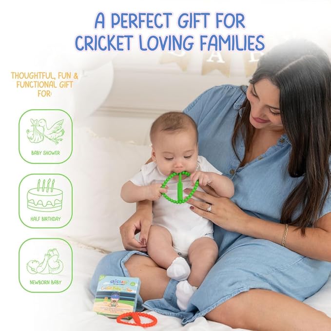 Cricket Baby Teether | 2 Pack Cricket Bat & Ball Shape | Soft Silicone Teething Toy for Babies 0-9 Months | Easy to Hold with 5 Teething Textures | Grass Green & Cherry Red | Certified Safe
