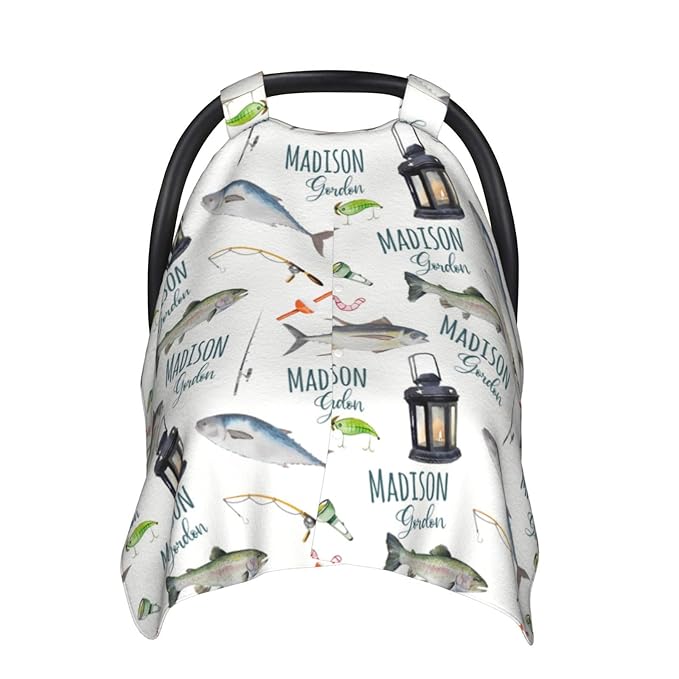 Personalized Baby Car Seat Canopy for Babies, Custom Name Baby Car Seats Covers for Boys Girls, Opening Minky Nursing Breastfeeding Cover for Infant, Carseat Canopies for Newborn (Fishing)