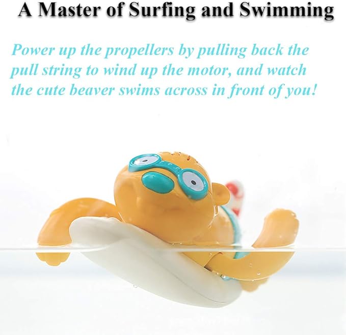 Pull String Baby Bath Toy Pull & Go Cute Surfing Beaver Swimming Windup Clockwork Bathtub Toy for Toddlers (Beige)