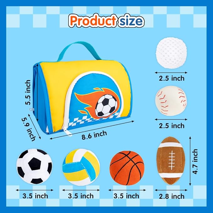 teytoy My First Sports Bag for Baby,Stuffed Plush Playset with Soft Basketball,Baseball,Football,Soccer,Golf Ball,Volleyball Baby Birthday Gift Toys for 1 Year Old Boys Girls