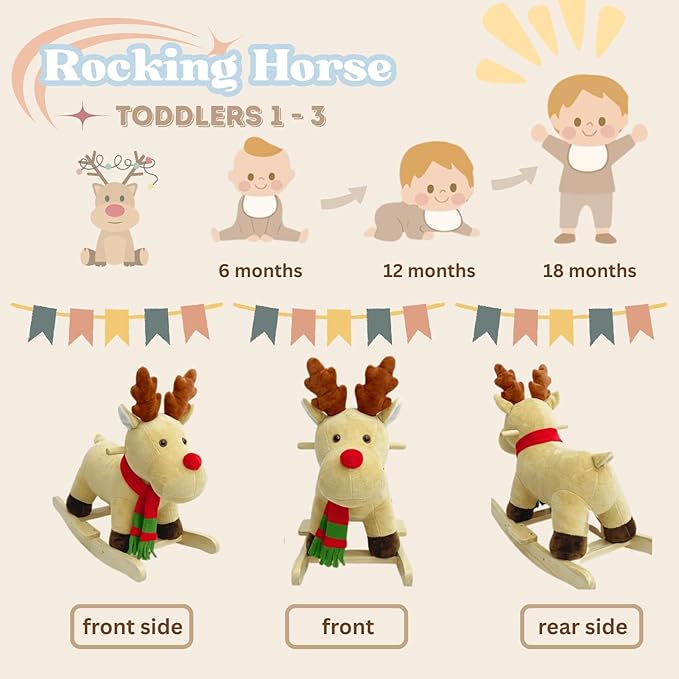 Rocking Horse Baby, Plush Stuffed Rocking Toy for 1-3 Year Old Toddlers, Wooden Reindeer-Shaped Rocking Toy, Apricot Reindeer