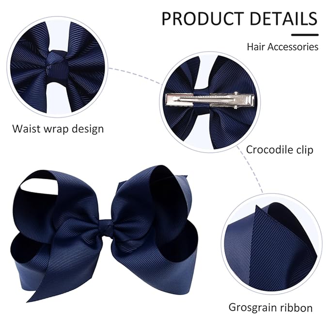 Hair Bows for Girls Alligator Clips Navy Blue Grosgrain Ribbon Solid Color Hair Accessories for Little Teen Toddler Girls Kids (6inch ×2, 4inch ×2, 3inch ×2)