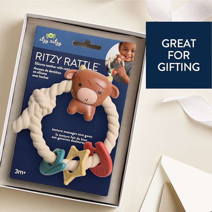 Itzy Ritzy Silicone Teether with Rattle – Rattle Teether Features Rattle Sound, Three Silicone Teething Rings and Raised Texture to Soothe Gums – Ages 3 Months and Up (Highland Cow)