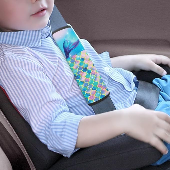 ENLACHIC Baby Car Seat Belt Cover, Cute Dinosaur Print Car Seat Shoulder Strap Pads, Infant Car Seat Cushion Safety Seatbelt Protector for Kids Boys Girls,Blue Pink Mermaid Scale