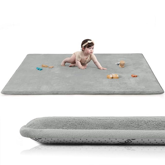Baby Play Mat for Floor,Extra Large 59"×71" Playpen Mat for Tummy Time,Thicker Padded Elasti Foam Activity Mats,Water Repellent Ultra Soft Velvet,Non-Slip Backing Safe for Crawling(Light Grey)