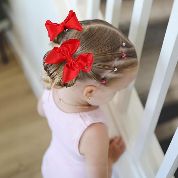 OAOLEER 2PCS 3.5inch Hair Bows for Girls，Red Stain Ribbon Hair Bows Alligator Clips Hair Accessories for Back To School Teen Toddler Girls Kids (Red)
