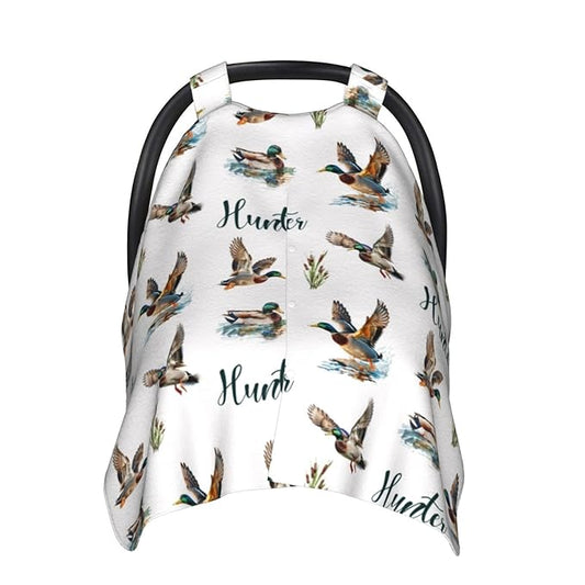 Personalized Wild Ducks Baby Car Seat Canopy – Custom Name Minky Nursing Cover for Boys & Girls, Infant Carseat Canopy, Opening Breastfeeding Stroller Cover for Newborn Baby Gift