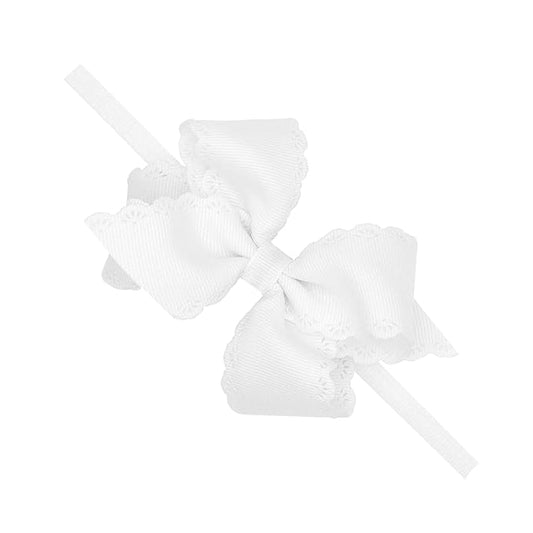 Wee Ones Girls Small Grosgrain Bow with Eyelet Flower Embossed Edge on Skinny White Nylon Band, One Size, White