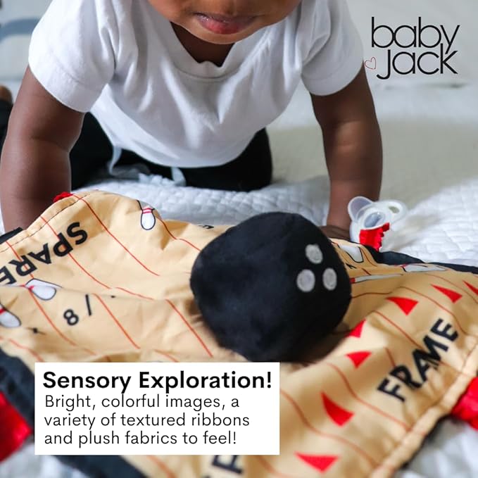Baby Jack & Co 10x10 Bowling Sports Lovey Sensory Plush Blanket - Tag Toys for Babies - Baby Stroller Toys - Learn Shapes, Letters & Colors - Perfect MVP Baby Toy & Baby Sports Gift w/Stroller Clip