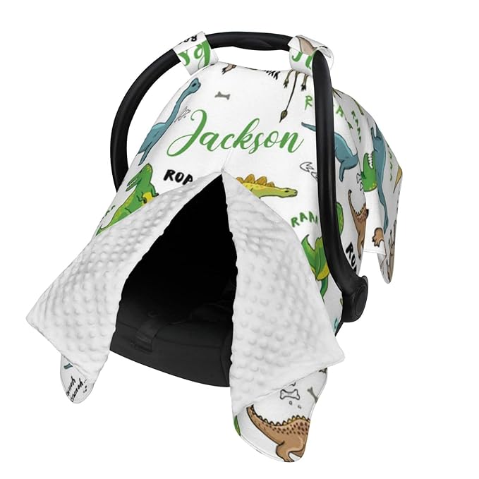 Custom Baby Car Seat Canopy for Babies with Name, Personalized Dinosaur Baby Car Seats Covers for Boys, Opening Minky Nursing Breastfeeding Stroller Cover Infant Carseat Canopies for Newborn