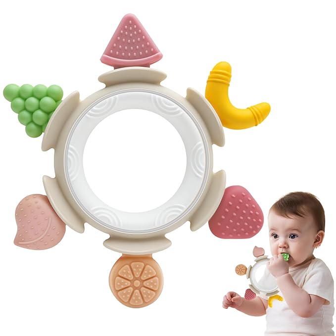 Baby Teething Ring Toy for 3-6-12 Months, Silicone Infant Teether for Sore Gum Relief, Soothing Sensory Chew Toys, Ideal Newborn Gift for Boys Girls Baby Shower, Birthday or Easter, Brown