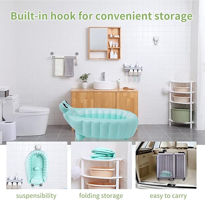 Inflatable Baby Bathtub,Newborn to Toddler Bath Tub with Built-in Air Pump,Portable Travel Shower Basin with Back Support,Foldable Toddler Tub Shower for Kids 0-6 Months(Frog)