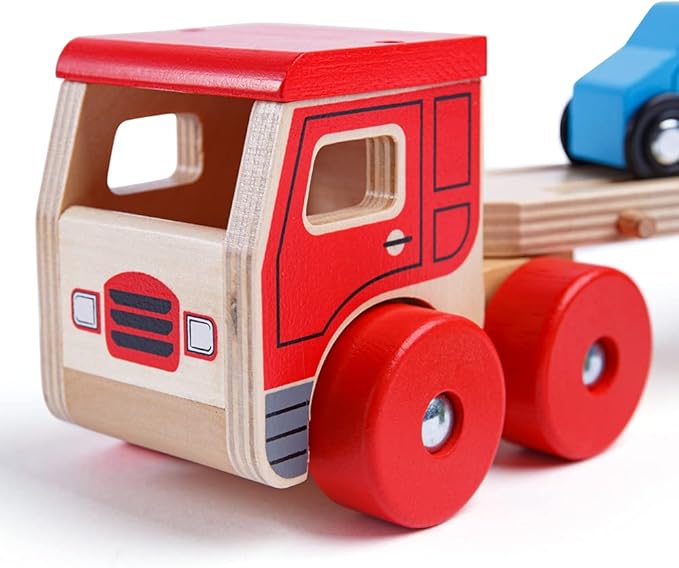 Bigjigs Toys, Wooden Car Transporter, Toy Car Ramp, Wooden Toys, for 1 Year Old Boys, Push Along Baby Vehicle Toy