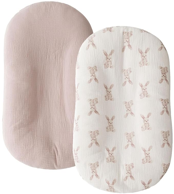Little Jump Cotton Muslin Baby Lounger Covers, 2 Pack, Soft Removable Slipcovers for Newborn Infant Lounger, for Girls Boys (Bunny)