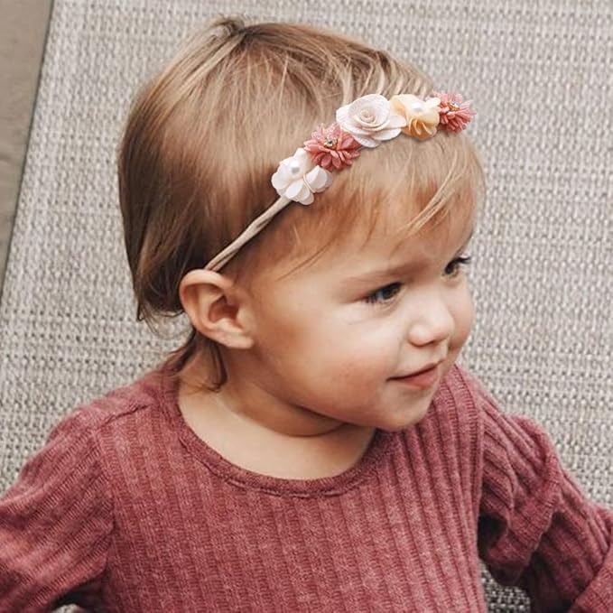FGSS Floral-Headbands Flower-Crown for Baby Girls Elastic Nylon Hairbands for Newborn Infant Toddler Hair Accessories Pack of 3