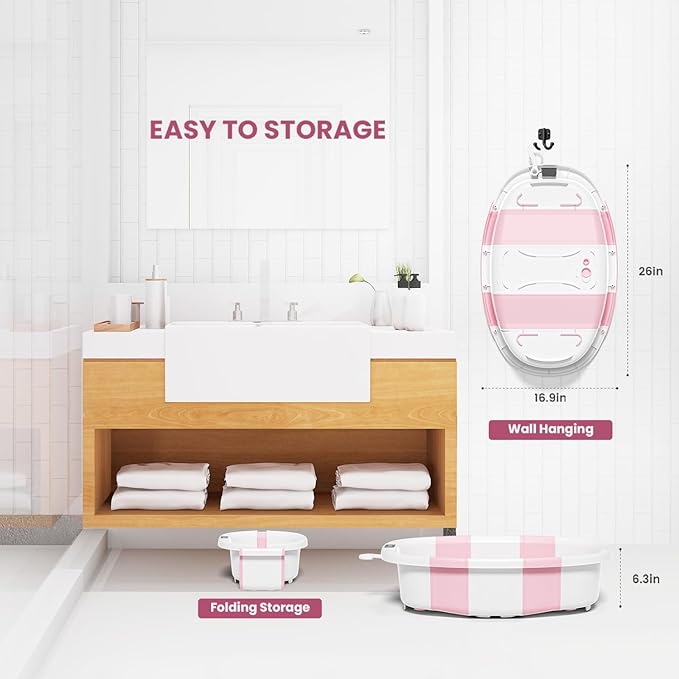 Collapsible Baby Bathtub with Soft Cushion and Thermometer, Newborn to Toddler Tub 0-36 Months with Toy Storage Mesh Bag, Portable Travel Bath for Infants (Pink)