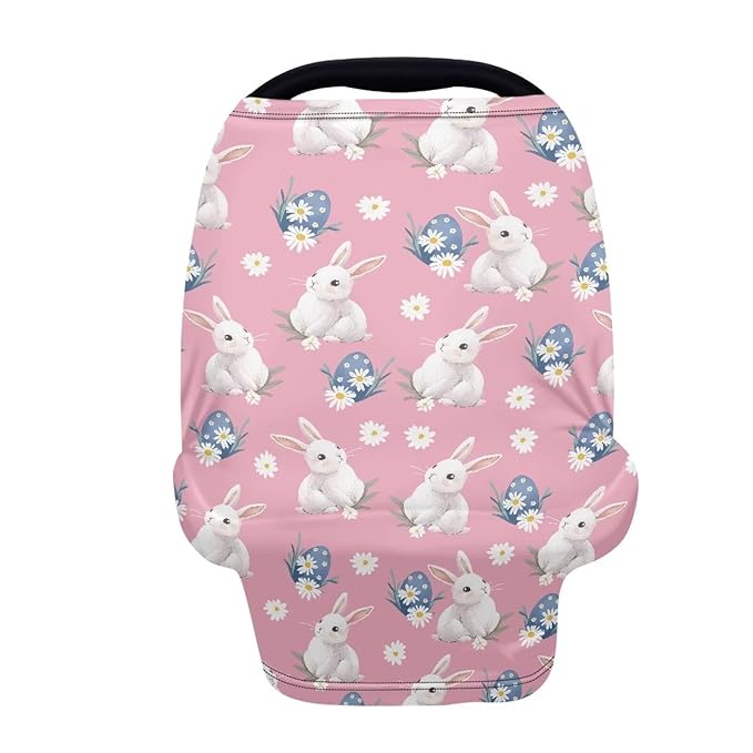 Wanyint Easter Rabbit Eggs Daisy Pink Stretchy Baby Car Seat Cover Carseat Canopy for Babies Universal Baby Breastfeeding Stroller High Chair Shopping Cart Cover