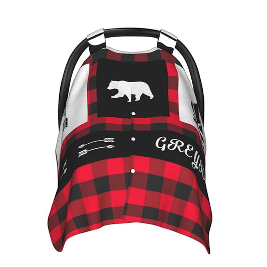 Personalized Red Plaid Deer and Bear Baby Infant Car Seats Canopy for Babies with Name, Custom Multi-use Blankets for Baby Boys Girls, Peekaboo Minky Nursing Stroller Cover Canopies for Newborn