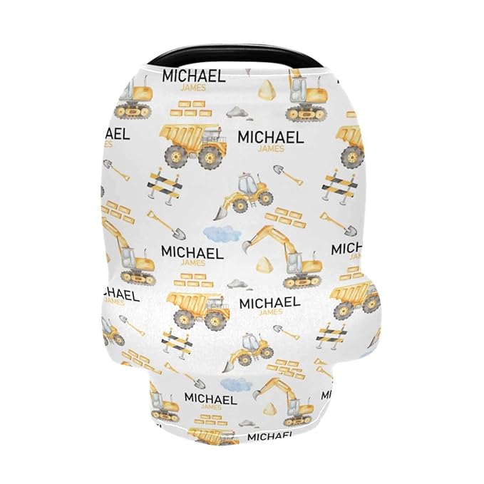 Personalized Baby Car Seat Cover for Boys, Custom Nursing Covers for Breastfeeding with Name, Construction Infant Stroller Cover, Baby Carseat Canopy for Newborn, Multiuse Car Seat Canopies