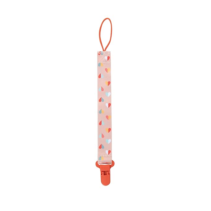Nuby Pacifinder Baby Pacifier Clip - (2-Pack) - Pacifier Holder Clip with Convenient Hook Loop - Peach Stripes and Hearts