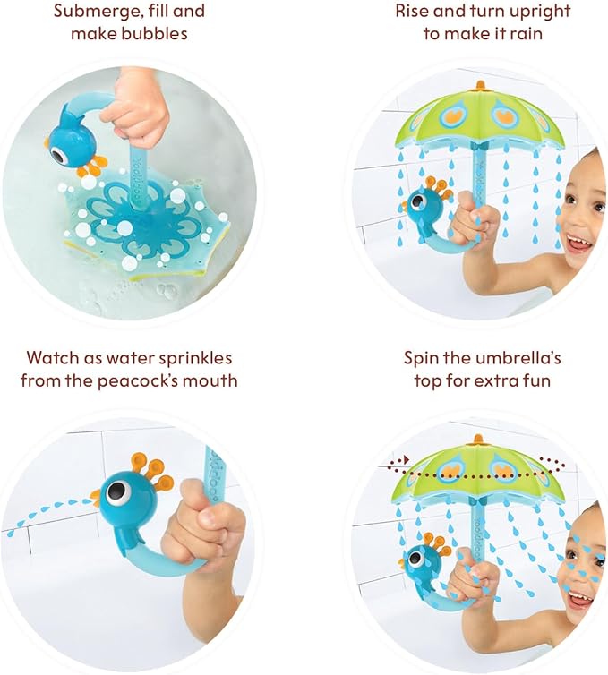 Yookidoo Baby Bath Toy (Ages 1-3) Green Peacock Umbrella Water Sprinkler with 3 Moving Pieces (Mold Free) - Fill with Water for Bubbles, Spinning & Sprinkler Effects - Toddler Bath Time & Pool Fun