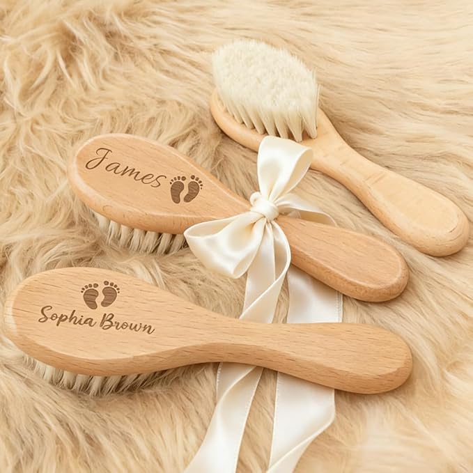 3Pcs Personalized Wooden Baby Hair Brush and Comb Bristles,Custom Newborn Soft Hair Baby Gift
