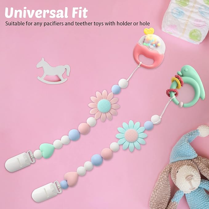 Silicone Pacifier Clip, 4 Pack Pacifier Holder for Boys and Girls, Adorable Sunflower Pacifier Clips Fits for Most Pacifier, Baby Teethers, Baby Shower and Baby Gift