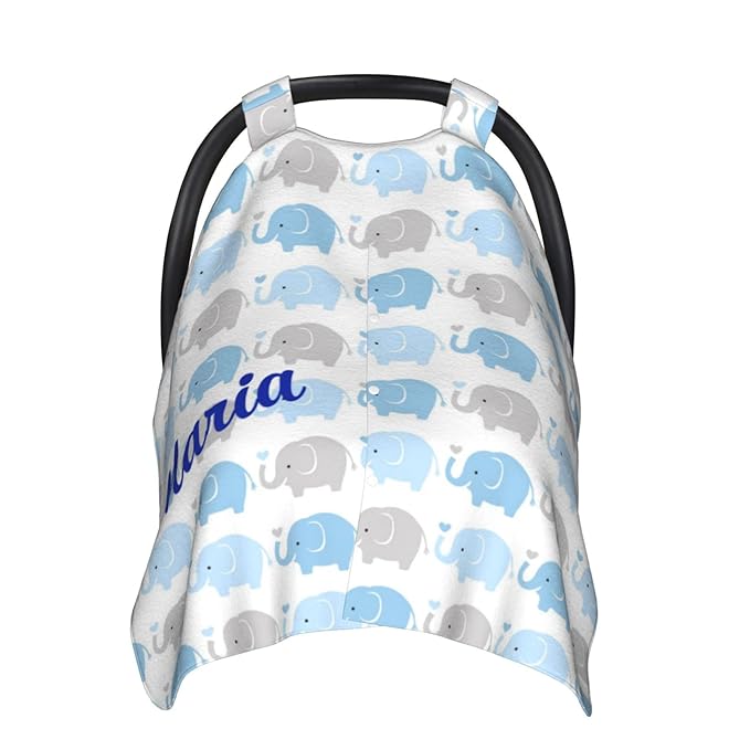 Personalized Cute Baby Elephant Baby Car Seat Canopy for Babies with Name, Car Seat Covers for Boys Girls, Peekaboo Opening Minky Nursing Breastfeeding Cover Infant Stroller Canopies for Newborn