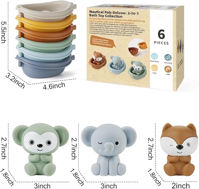 Baby Bath Toy Stackable Infant Bathtub Toys Stacking Floating Boat Train with Animal Finger Puppets Bath Toy Silicone Hand Puppet Educational Beach Toys for Babies Toddlers Party Favors