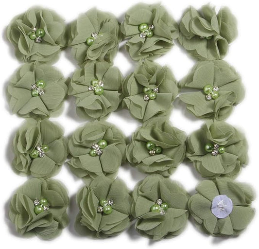 50 Pcs 2" Mini Chiffon Flowers with Rhinestones for Baby Girls Hair Accessories Artificial Fabric Flowers for Headbands Craft Projects (Army)