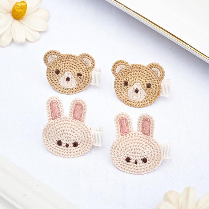 Cute Baby Girl Hair Clips Set Pink Animal Designs Cotton Crochet Clips Rabbit Bear Bow Bobby Pins for Infants & Toddlers (Rabbit and bear)