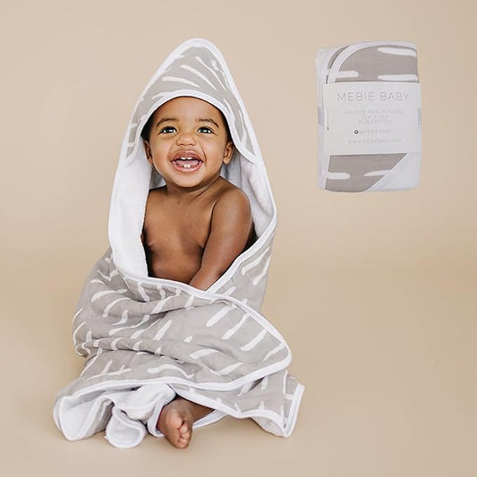 Mebie Baby Muslin Hooded Towel, Grey Dash, Cute Hooded Baby Bath Towel for Newborn, Infant & Toddler, Modern Baby Towels and Washcloths for Boy & Girl, Floral & Pattern Hooded Baby Towels