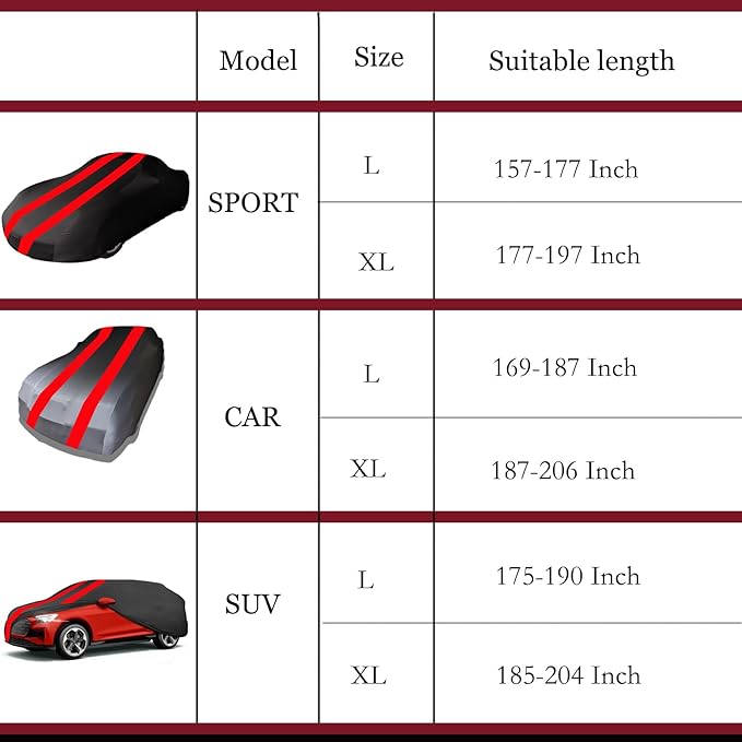 Indoor Car Cover Compatible with Protection Fit 169-187 Inch Sedan Breathable Dust-Proof Stretch Cover for Underground Garage, Car Show（Black+Red）