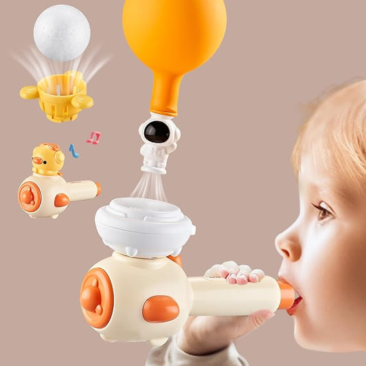Breathing Exerciser for Kids, Sensory Toys with Whistle, Floating Blow Pipe Balls, Balloon Launcher, Autism Speech Therapy Toys for 3 4 5 6 7 Year Old Boys Girls Gifts-Yellow