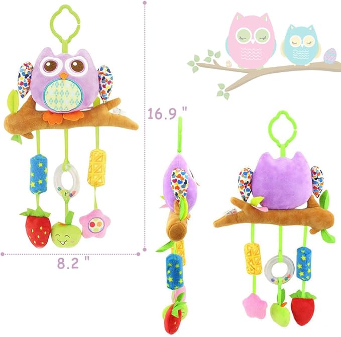 daisy's dream Owl Baby Rattle Stroller Toys for Infant Hanging Plush Toys with Wind Chime and Squeak for Crib Bed Car Seat 8.26'' x 16.9''