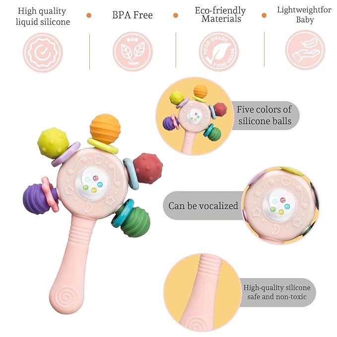 2PCS Baby Sensory Teething Toys-Rattle Stick,Food Grade BPA Free Chew Toy,Grip Strengthening Handle for Hearing Teeth Development,Infant Learning Toys for Aged 0-36 Months (White+Green)