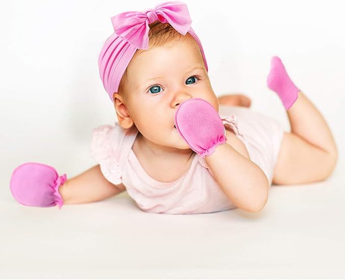 Geyoga 18 Pieces Baby Headband Newborn Socks and Mittens Sets Elastic Baby Essentials Boys Girls 0-6 Months (Wine Red, Pink, Yellow, Balsklish Green, White, Black)