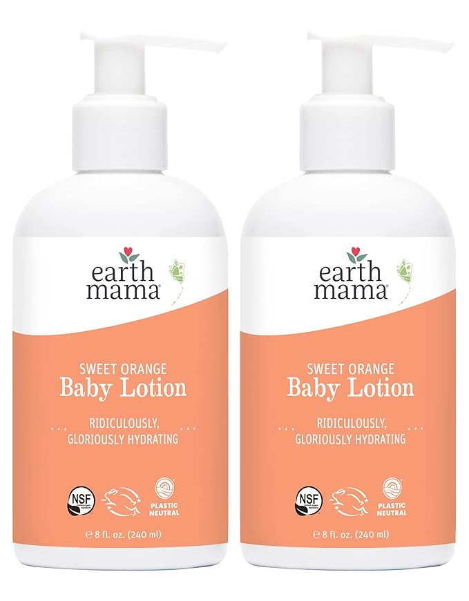 Earth Mama Sweet Orange Baby Lotion | Moisturizing Body Lotion for Dry Skin, Newborn Sensitive Skin Care, Face Moisturizer for Babies & Kids with Shea Butter, Calendula & Aloe, 8 Fl Oz (2-Pack)