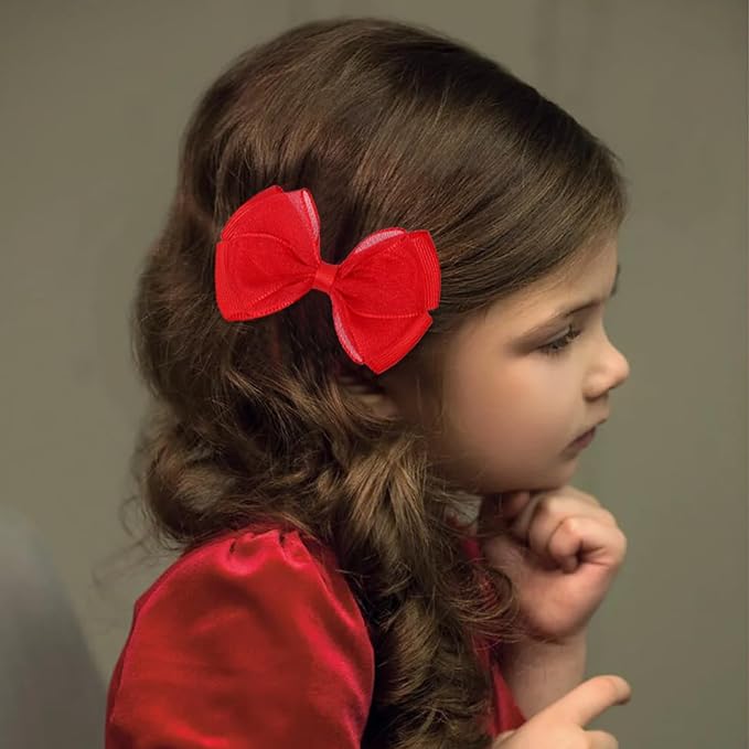 Tiny 3 Inch Organza Double Hair Bow Clips - Lined Boutique Alligator Hairpin for Baby Girls, Toddlers, and Little Teens - Kids Barrettes Set of 2 Small Stylish (Red)
