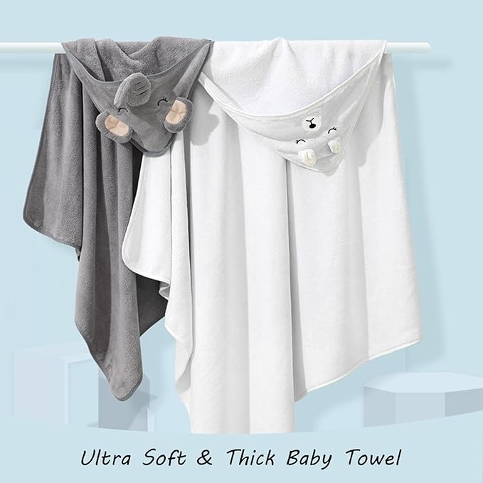 2 Pack Hooded Baby Towels for Newborn, Baby Bath Towel with Hood for Babies, Infant, Toddler and Kids, Soft and Absorbent Newborn Essential(Elephant & Tiger)