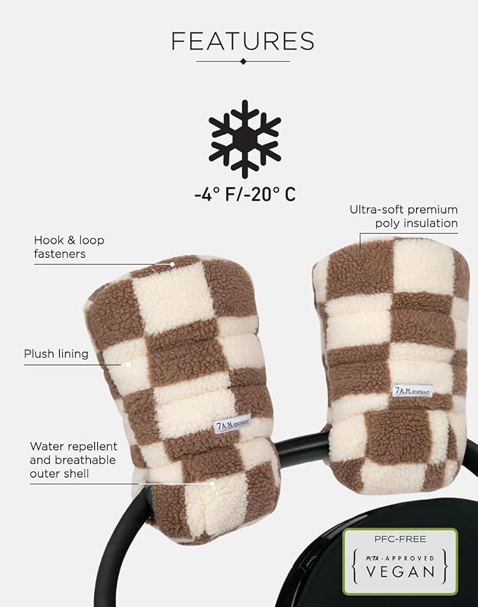 7AM Enfant Stroller Warmmuffs Gloves - Anti-Freeze Stroller Mittens for Handlebars, Water Repellent Hand Warmer Muff for Cold Weather, Plush Lined (Print Checkers Tan)