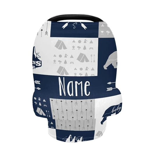 Personalized Woodland Bear Baby Car Seat Covers with Name, Custom Nursing Cover Breastfeeding Scarf for Babies, Carseat Canopy for Boys, Infant Stroller Cover, Multiuse Carseat Cover